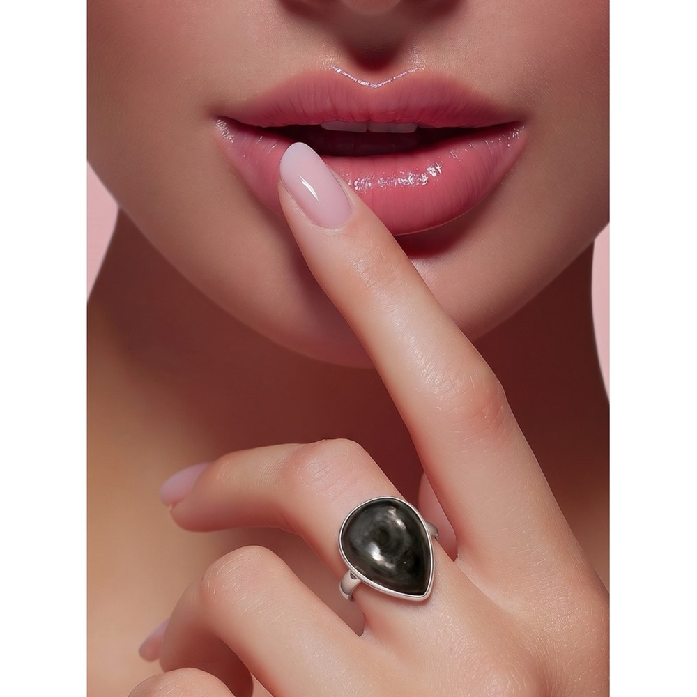 Black onyx dainty pear gemstone ring silver overlay‎ adjustable
